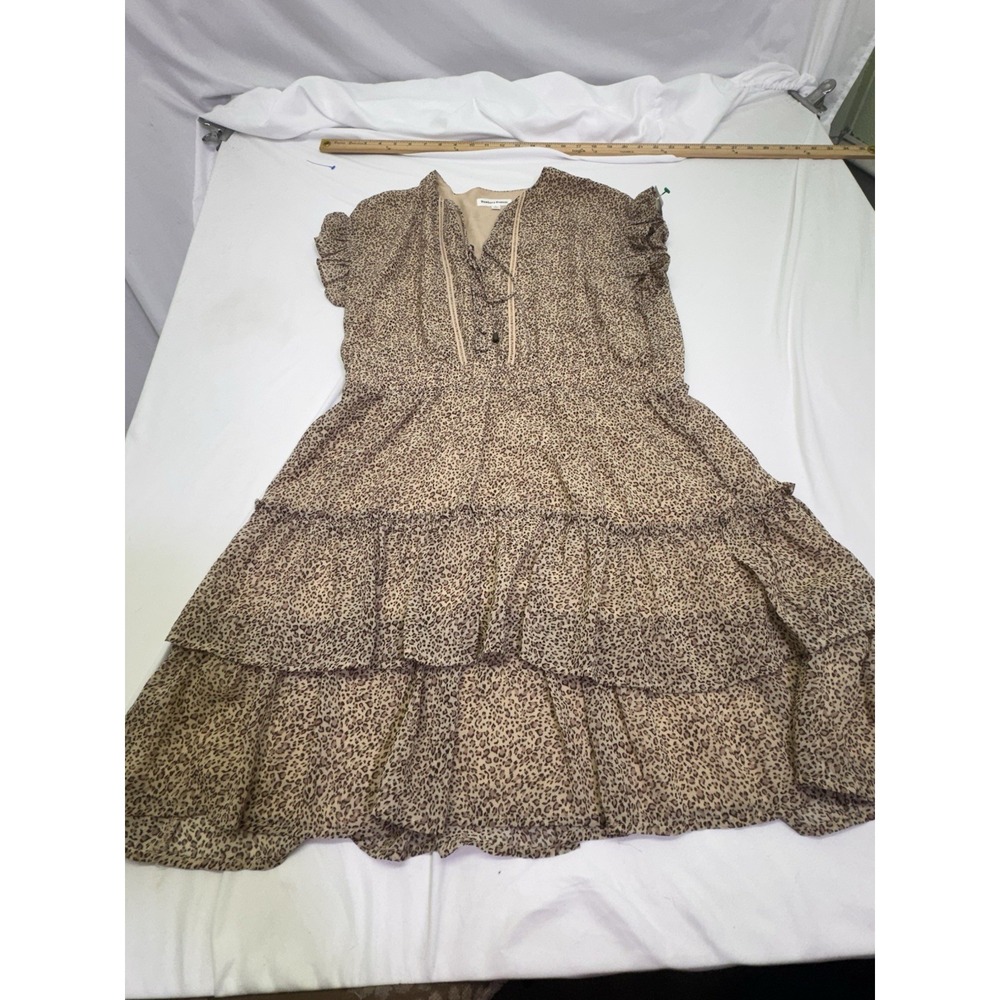 Newbury Kustom Animal Print Tiered Ruffle Mini Dress Sz L Tan Brown V Neck Boho